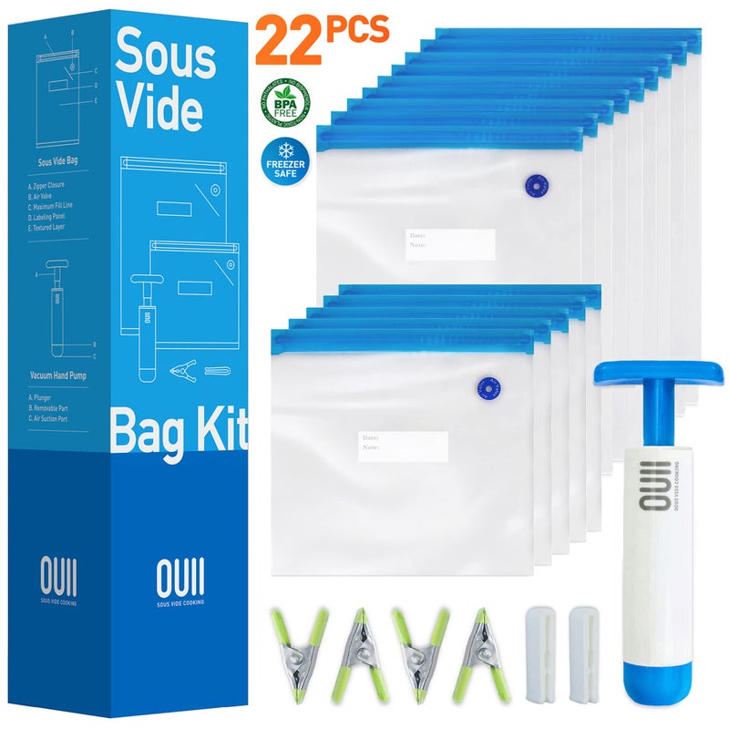 OUII Sous Vide Bags for Joule and Anova Cookers - 15 Reusable BPA-Free Sous Vide Bags with Vacuum Hand Pump in Various Sizes -Vacuum Sealer Bags Food Storage Freezer Safe - Fits Any Sous Vide Machine - Image 1